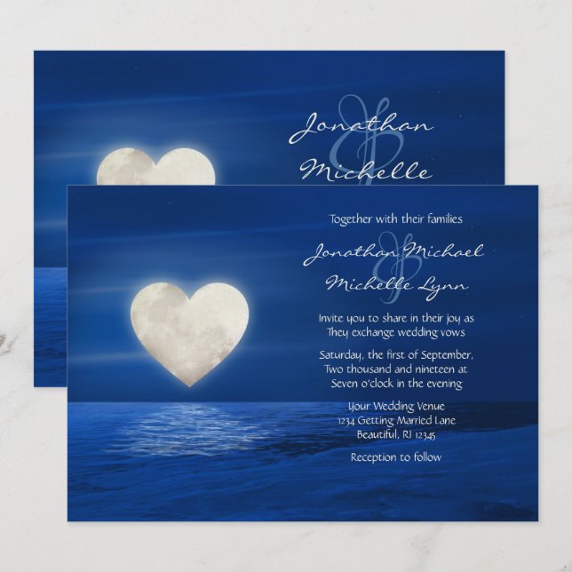 Invitation Lune de coeur avec plage couverte de neige Mariage (Devant / Derrière)