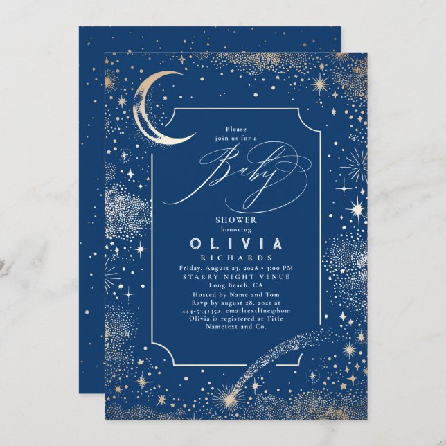 Invitation Lune de nuit étoilée Baby shower céleste mystique (Devant / Derrière)