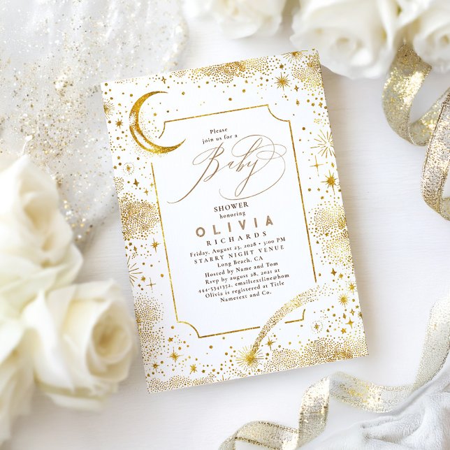 Invitation Lune de nuit étoilée Baby shower céleste mystique (Starry Night Celestial Baby Shower Invitations)