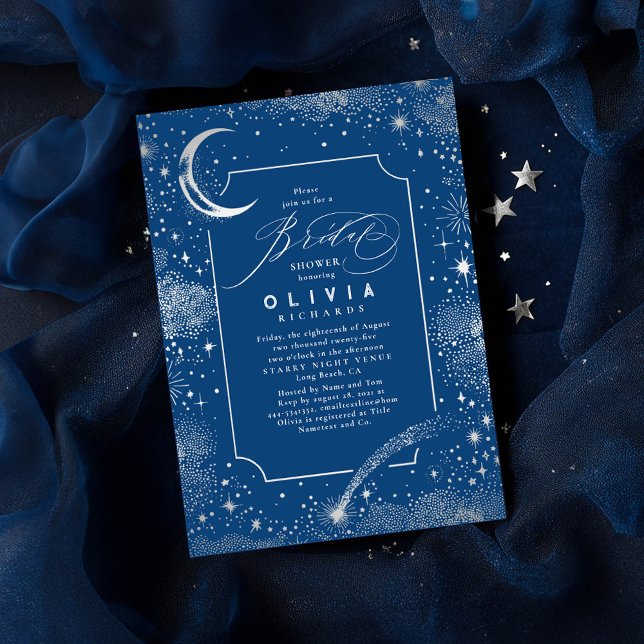 Invitation Lune de nuit étoilée Mystique Fête des mariées cél (Celestial Bridal Shower Invitations featuring silver moon and stars on a navy blue background)