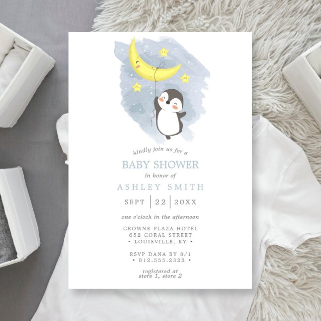 Invitation Lune de pingouin Hiver Lavis Bébé Naissance (Créateur téléchargé)