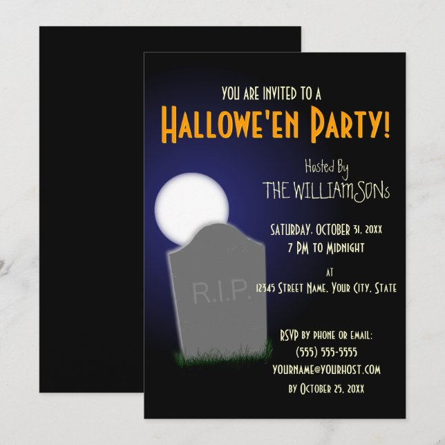 Invitation Lune d'Halloween sinistre et pierre tombale (Devant / Derrière)