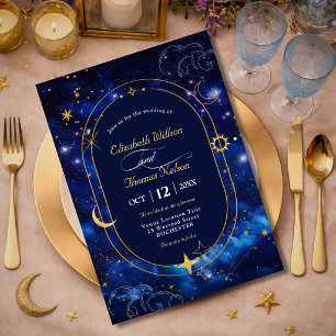 Invitation Lune d'or bleu mystique astronomie céleste mariage