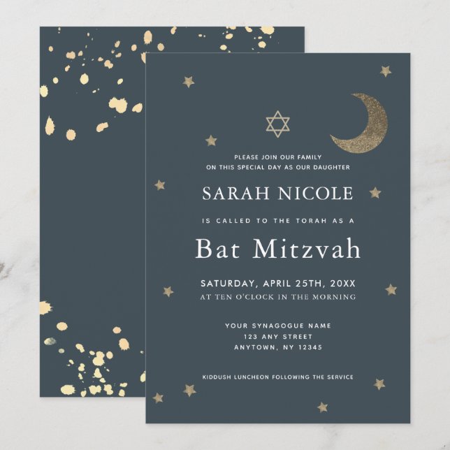 Invitation Lune d'or et étoiles Bat mitzvah bleu marine (Devant / Derrière)