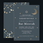 Invitation Lune d'or et étoiles Bat mitzvah bleu marine<br><div class="desc">Cette invitation Bat mitzvah simple et chic présente un arrière - plan bleu nuit / bleu marine avec l'étoile de david, le faux croissant de parties scintillant d'or lune et étoiles. L'envers dispose d'un arrière - plan bleu nuit / bleu marine avec des plaques de feuille d'or imitation. Personnalisez-le selon...</div>