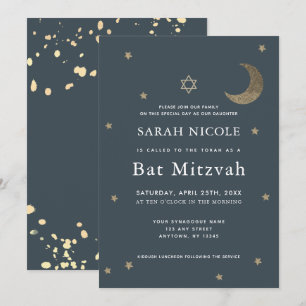 Invitation Lune d'or et étoiles Bat mitzvah bleu marine