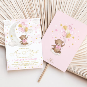 Invitation Lune d'ours en peluche rose or et Baby shower arri