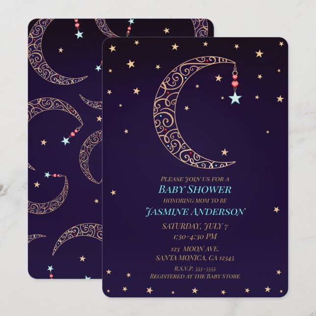 Invitation Lune en filigrane d'or violet Baby Shower céleste (Devant / Derrière)