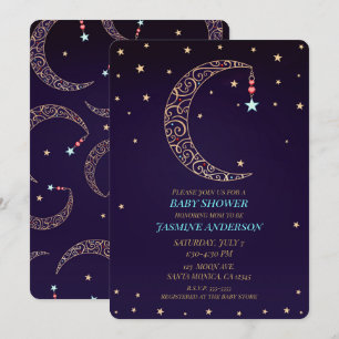 Invitation Lune en filigrane d'or violet Baby Shower céleste