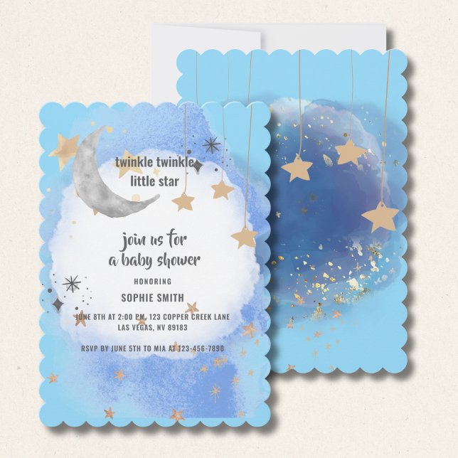 Invitation Lune Et Étoiles Aquarelle Bleu Foncé Abstrait (Créateur téléchargé)