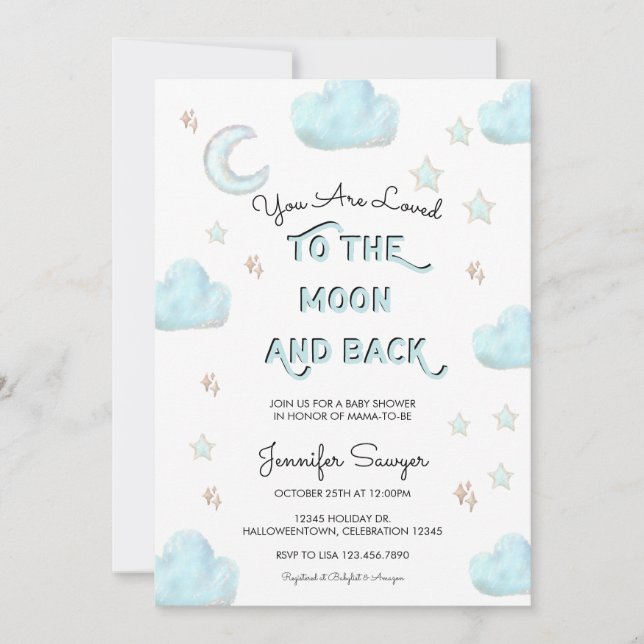 Invitation Lune et étoiles | Baby shower Aquarelle moderne (Devant)