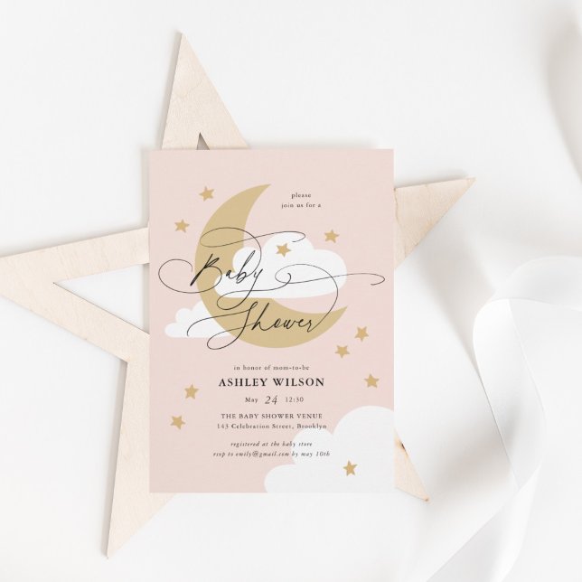 Invitation Lune et étoiles Baby shower de script rose élégant (Créateur téléchargé)