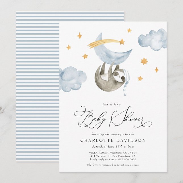 Invitation Lune et étoiles Bébé Animal Bleu Baby shower garço (Devant / Derrière)