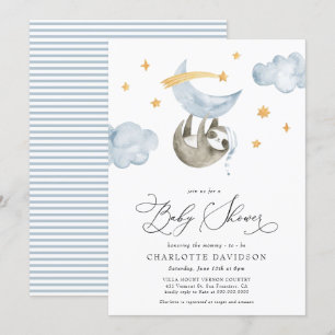 Invitation Lune et étoiles Bébé Animal Bleu Baby shower garço