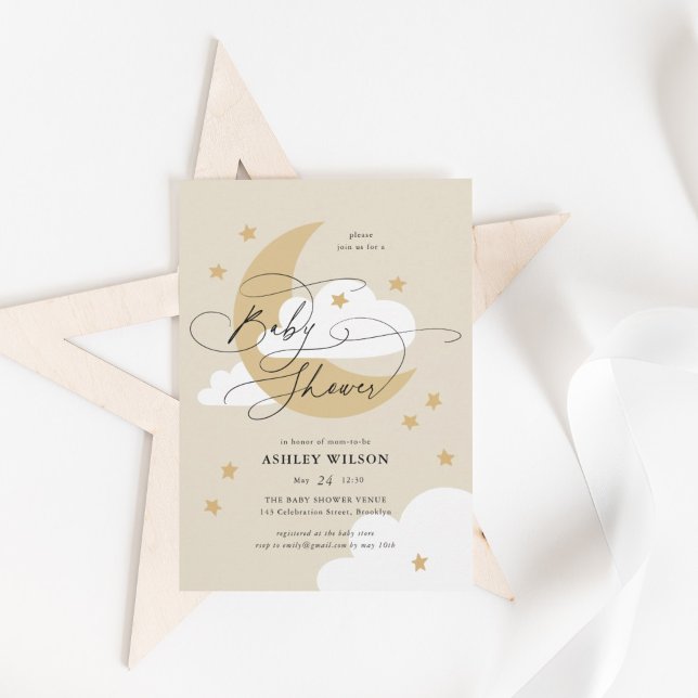 Invitation Lune et étoiles Beige Elégant Baby shower Script (Créateur téléchargé)