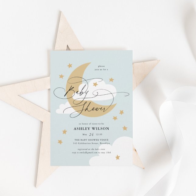 Invitation Lune et étoiles Bleu Élégant Baby shower Script (Créateur téléchargé)