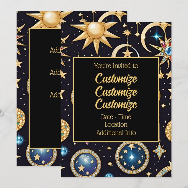 Invitation Lune Et Étoiles Céleste 2 (Devant / Derrière)