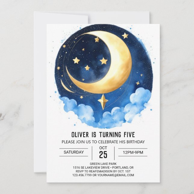 Invitation Lune et étoiles Galaxy Aventure Anniversaire (Devant)