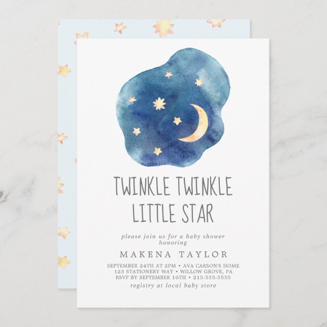Invitation Lune et étoiles Garçon Twinkle Twinkle Little Star (Devant / Derrière)