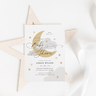 Invitation Lune et étoiles Matte Neutrals Script Baby shower