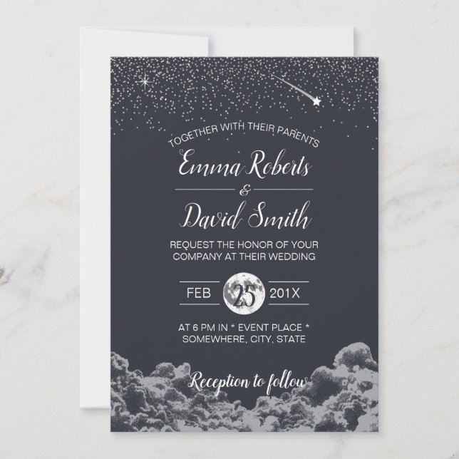 Invitation Lune et étoiles Nuit Mariage élégant (Devant)
