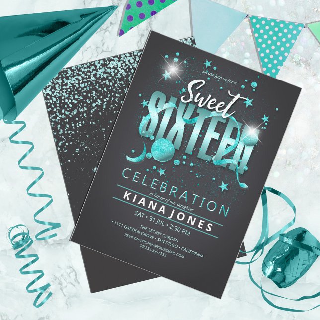 Invitation Lune et étoiles Sweet 16 Turquoise/noir ID788 (Créateur téléchargé)