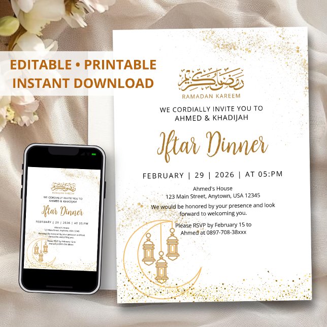 Invitation Lune et Lanterne de Ramadan Iftar à paillettes dor (Créateur téléchargé)