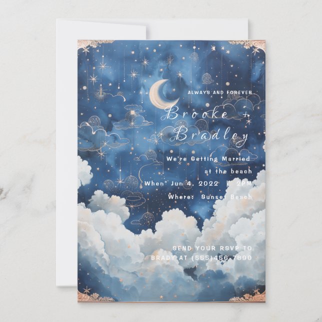 Invitation Lune et Nuage Bleu Foncé Mariage Céleste (Devant)