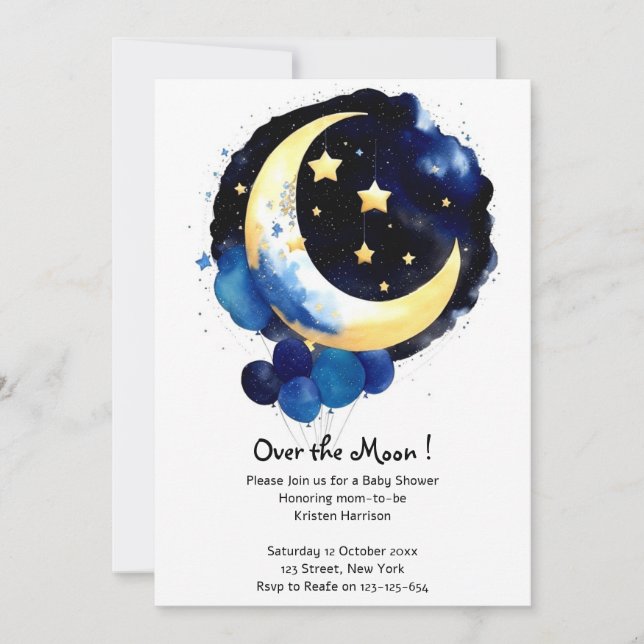 Invitation Lune et Stars Boy Baby shower Ciel nocturne (Devant)