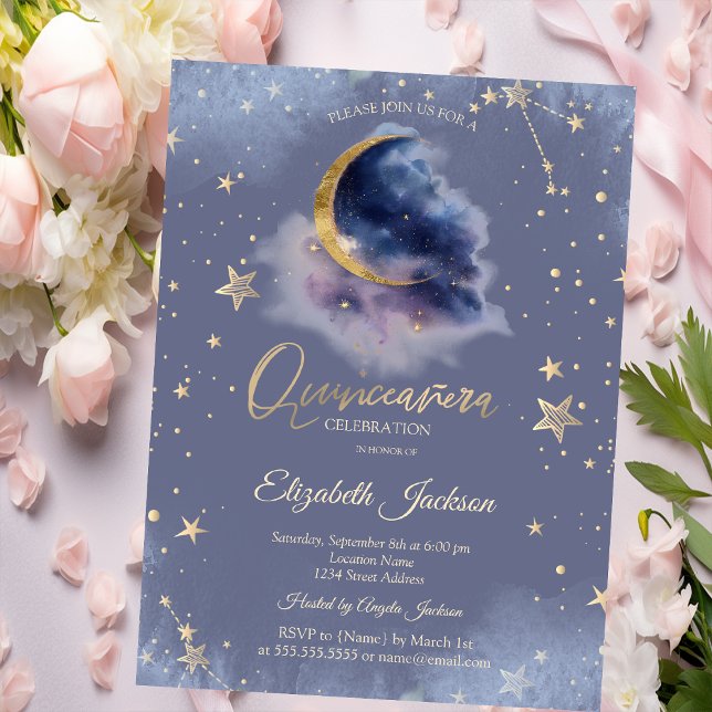 Invitation Lune étoilée dorée Nuit étoilée Quinceanera (Créateur téléchargé)