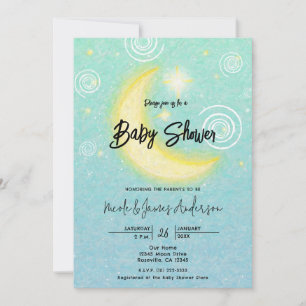 Invitation Lune étoilée sarcelle Fête bébé céleste  
