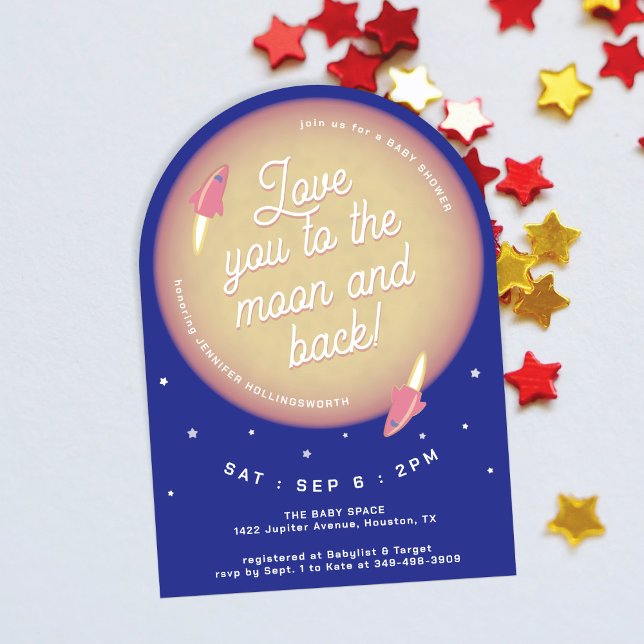 Invitation Lune, Étoiles et Fusées Rose Baby Shower (Créateur téléchargé)