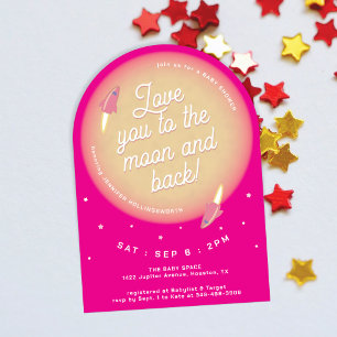 Invitation Lune, Étoiles et Fusées Rose Baby Shower