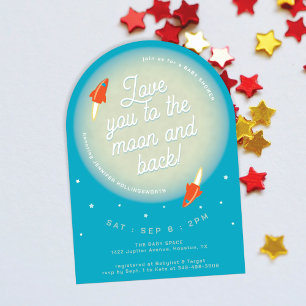 Invitation Lune, Étoiles et Fusées Rouges et Sarcelle Baby Sh