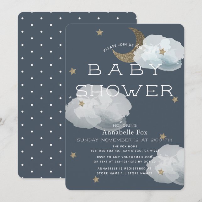 Invitation Lune, étoiles et nuages Marine Baby shower Invitat (Devant / Derrière)