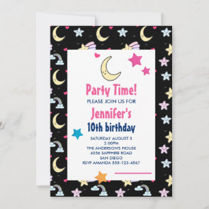Invitation Lune, étoiles et nuages Motif BlackBirthday Party