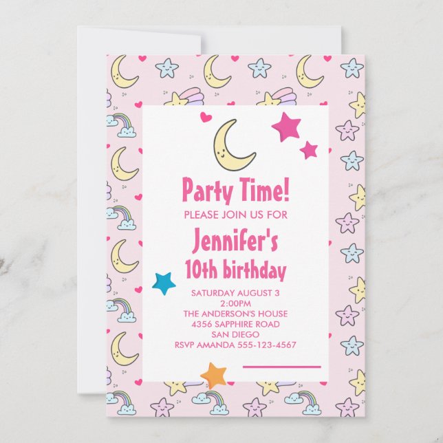 Invitation Lune, étoiles et nuages Motif fête d'anniversaire (Devant)