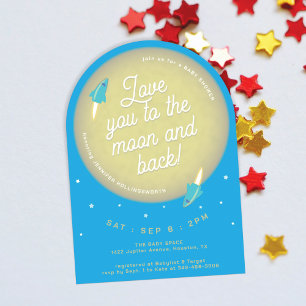 Invitation Lune, étoiles et roquettes Baby shower Turquoise e