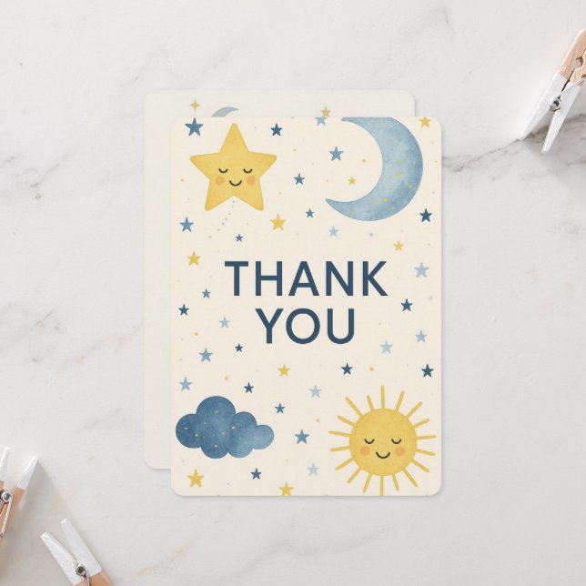 Invitation Lune, étoiles et soleil Baby shower céleste Merci (Devant/Arrière en situation)