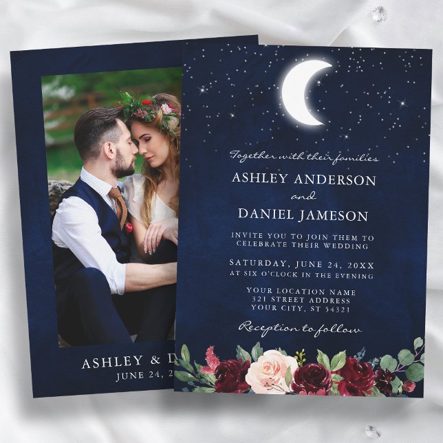 Invitation Lune Étoiles Floral Photo Mariage Céleste (Customize to change text size or text style.)