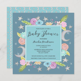 Invitation Lune Étoiles Floral Whimsical Baby shower bleu Tur
