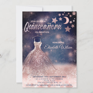 Invitation Lune & étoiles Rose or glitterie robe céleste