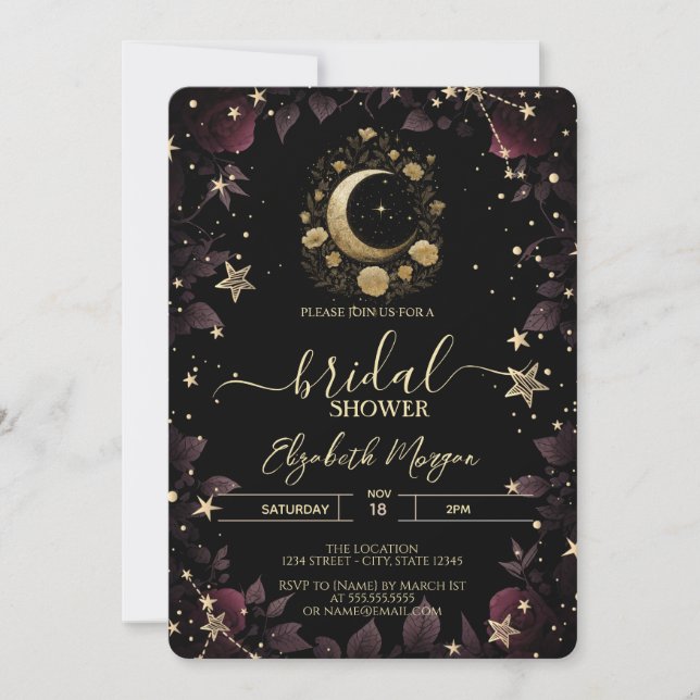 Invitation Lune Florale Dorée, Fête de Mariage Étoiles Roses (Devant)