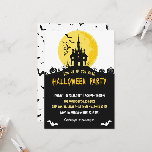 Invitation Lune Maison hantée Éffrayante Halloween Party (Devant/Arrière en situation)