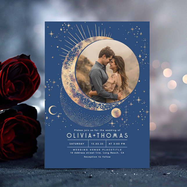 Invitation Lune mystique céleste Starry Mariage de nuit Photo (Navy Blue Celestial Wedding Photo Invitation)