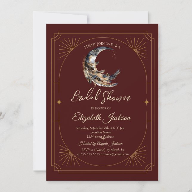 Invitation Lune Plume Étoiles Foncé Rouge Mariage (Devant)