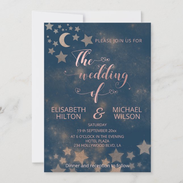 Invitation Lune romantique céleste et calligraphie étoiles (Devant)