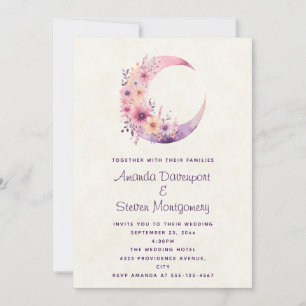 Invitation Lune rose Croissant avec Jolie Fleurs Mariage