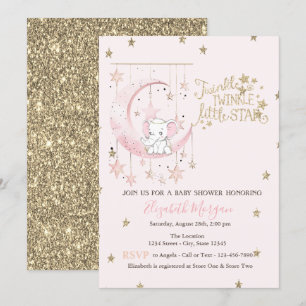 Invitation Lune Rose Éléphant, Étoile Brillante Baby Shower