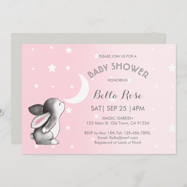 Invitation Lune rose Gris Étoiles Bunny Baby Shower Invitatio (Devant / Derrière)